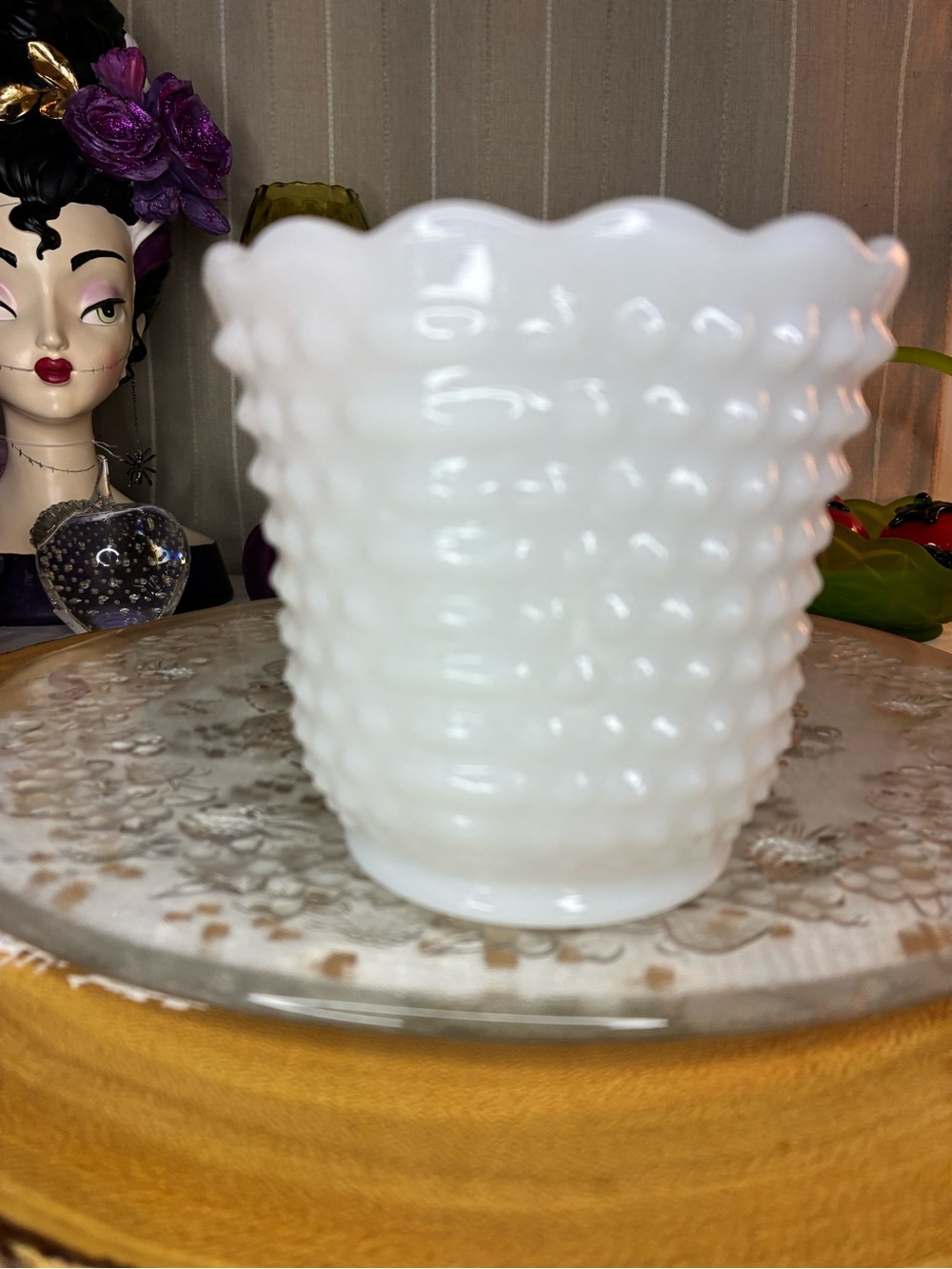 White Hobnail Glass Planter